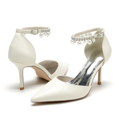 Women's PU With Ankle Strap Pearl Tassel Closed Toe Stiletto Heel Wedding Shoes