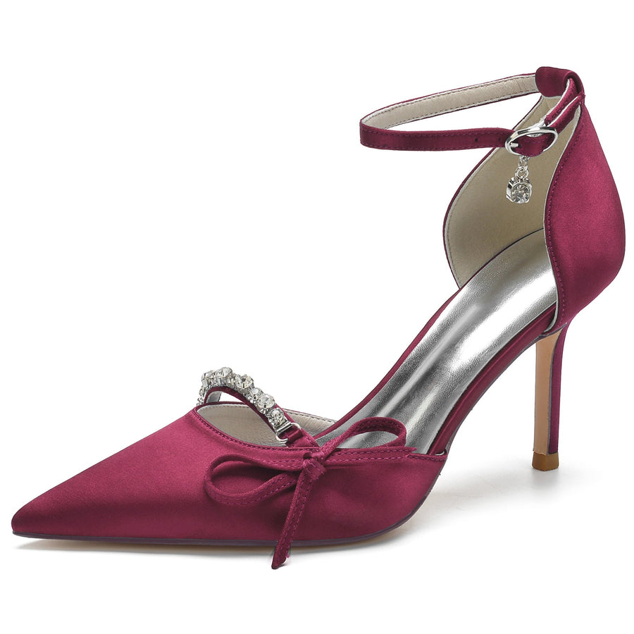 Women's Ankle Strap Silk Satin With Bowknot Rhinestone Closed Toe Stiletto Heel Evening Shoes