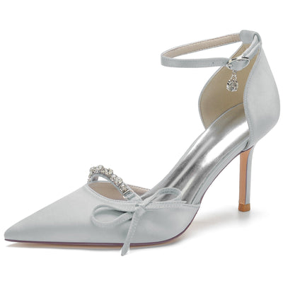 Women's Ankle Strap Silk Satin With Bowknot Rhinestone Closed Toe Stiletto Heel Evening Shoes