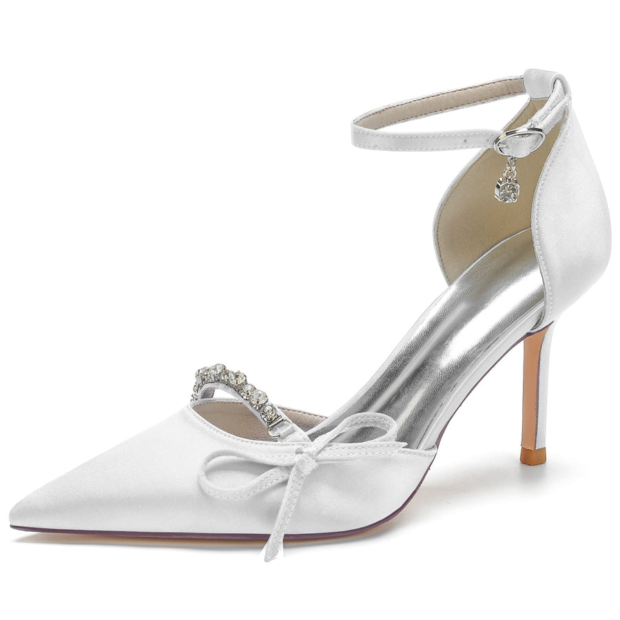 Women's Ankle Strap Silk Satin With Bowknot Rhinestone Closed Toe Stiletto Heel Evening Shoes