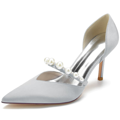 Women's Closed Toe Silk Satin With Pearl Stiletto Heel Party Shoes