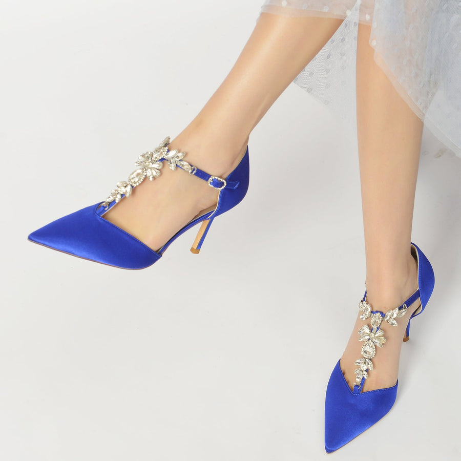 Women's Ankle Strap Rhinestone Closed Toe Silk Satin With Stiletto Heel Party Shoes