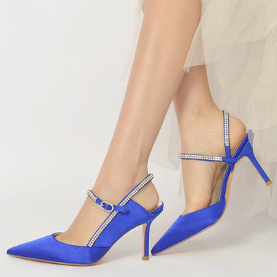 Women's Ankle Strap Rhinestone Closed Toe Silk Satin With Stiletto Heel Wedding Shoes