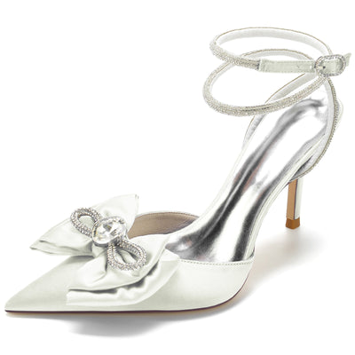 Women's Silk Satin Ankle Strap Closed Toe Bowknot Stiletto Heel Wedding Shoes