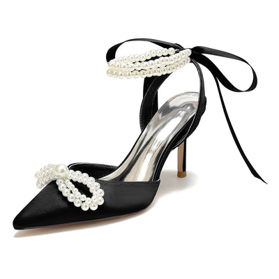 Women's Silk Satin With Ankle Strap Lace-up Pearl Closed Toe Stiletto Heel Party Shoes