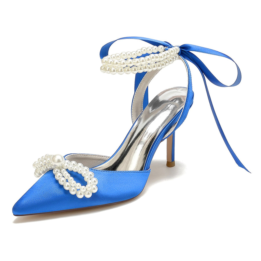 Women's Silk Satin With Ankle Strap Lace-up Pearl Closed Toe Stiletto Heel Party Shoes