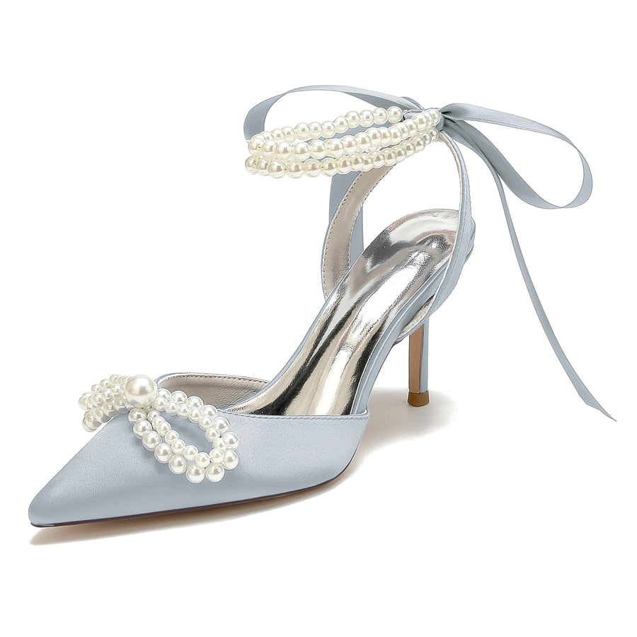 Women's Silk Satin With Ankle Strap Lace-up Pearl Closed Toe Stiletto Heel Party Shoes