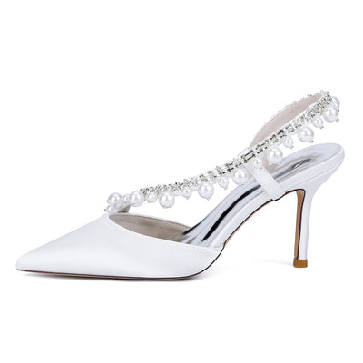 Women's Silk Satin Pearl Closed Toe With Rhinestone Stiletto Heel Evening Shoes