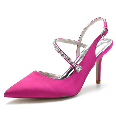 Women's Silk Satin With Closed Toe Stiletto Heel Ankle Strap Rhinestone Evening Shoes