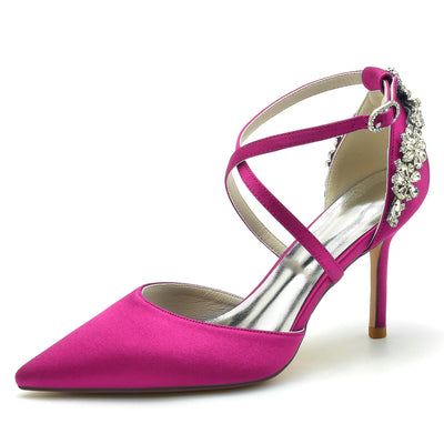 Women's Silk Satin Closed Toe Ankle Strap Stiletto Heel Wedding Shoes