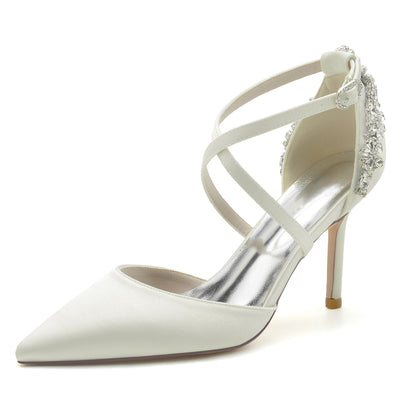 Women's Silk Satin Closed Toe Ankle Strap Stiletto Heel Wedding Shoes