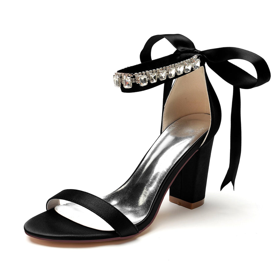 Women's Silk Satin With Ankle Strap Lace-up Rhinestone Peep Toe Chunky Heel Evening Shoes