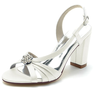 Women's Silk Satin With Flower Rhinestone Peep Toe Chunky Heel Wedding Shoes