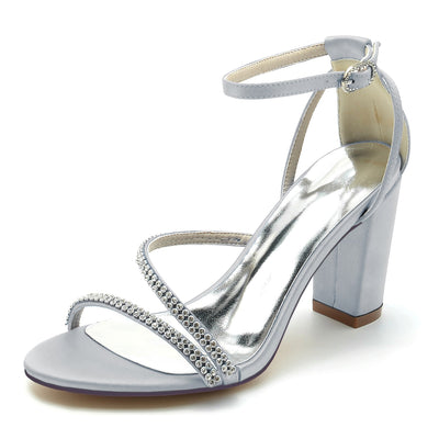 Women's Silk Satin With Peep Toe Ankle Strap Rhinestone Chunky Heel Evening Shoes