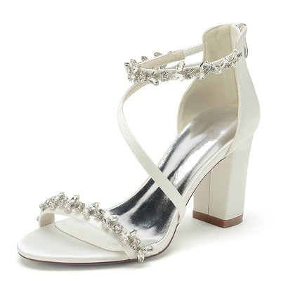 Women's Silk Satin With Ankle Strap Peep Toe Chunky Heel Rhinestone Party Shoes