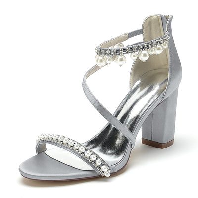 Women's Silk Satin With Ankle Strap Pearl Rhinestone Tassel Peep Toe Chunky Heel Party Shoes