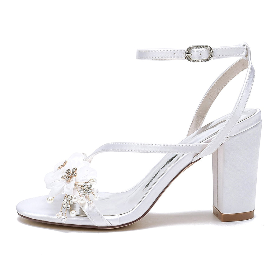 Women's Silk Satin With Ankle Strap Flower Peep Toe Chunky Heel Evening Shoes