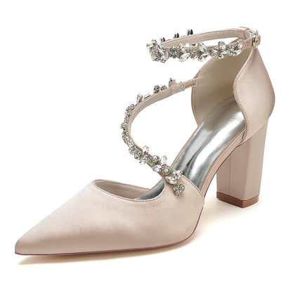 Women's Silk Satin Ankle Strap With Rhinestone Closed Toe Chunky Heel Evening Shoes