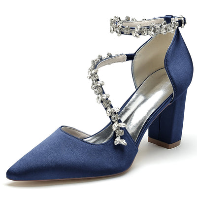 Women's Silk Satin Ankle Strap With Rhinestone Closed Toe Chunky Heel Evening Shoes