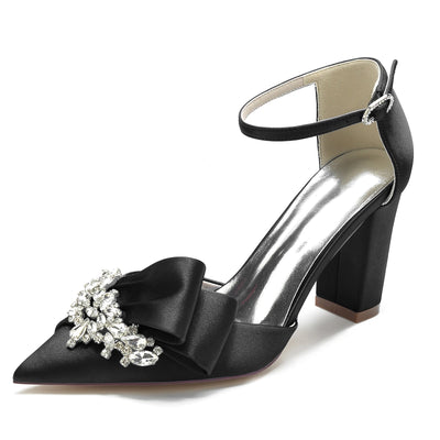 Women's Silk Satin Ankle Strap Rhinestone Closed Toe Chunky Heel Party Shoes