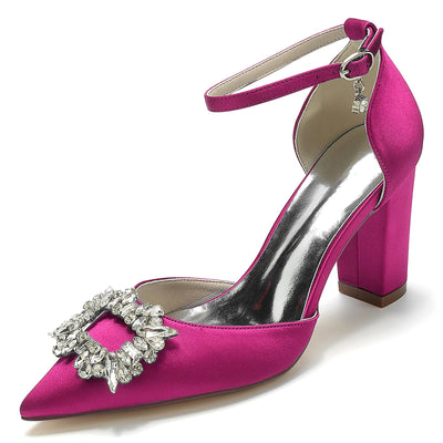 Women's Silk Satin Ankle Strap With Rhinestone Closed Toe Chunky Heel Wedding Shoes