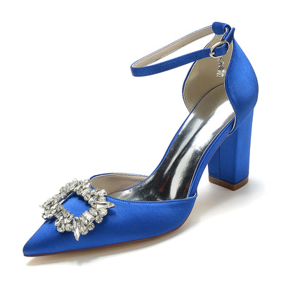 Women's Silk Satin Ankle Strap With Rhinestone Closed Toe Chunky Heel Wedding Shoes