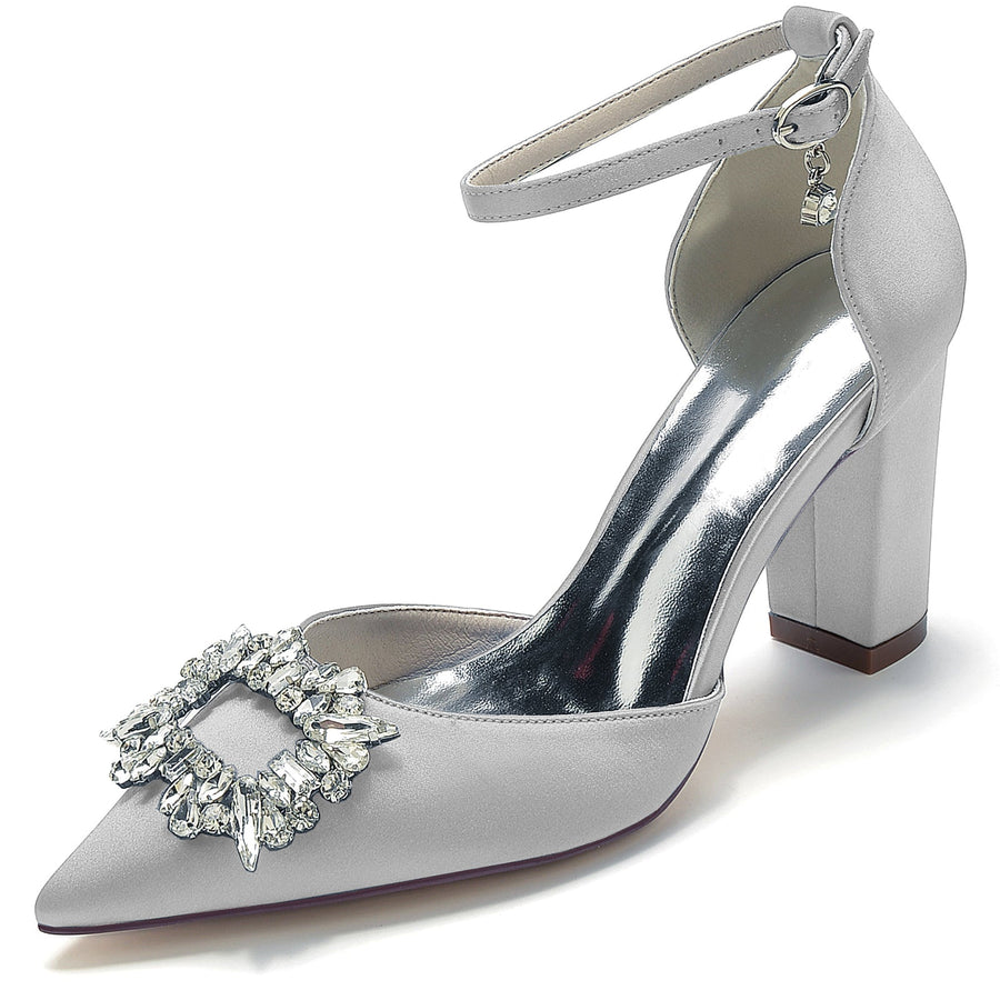 Women's Silk Satin Ankle Strap With Rhinestone Closed Toe Chunky Heel Wedding Shoes