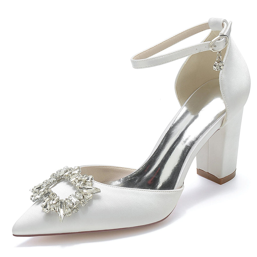 Women's Silk Satin Ankle Strap With Rhinestone Closed Toe Chunky Heel Wedding Shoes