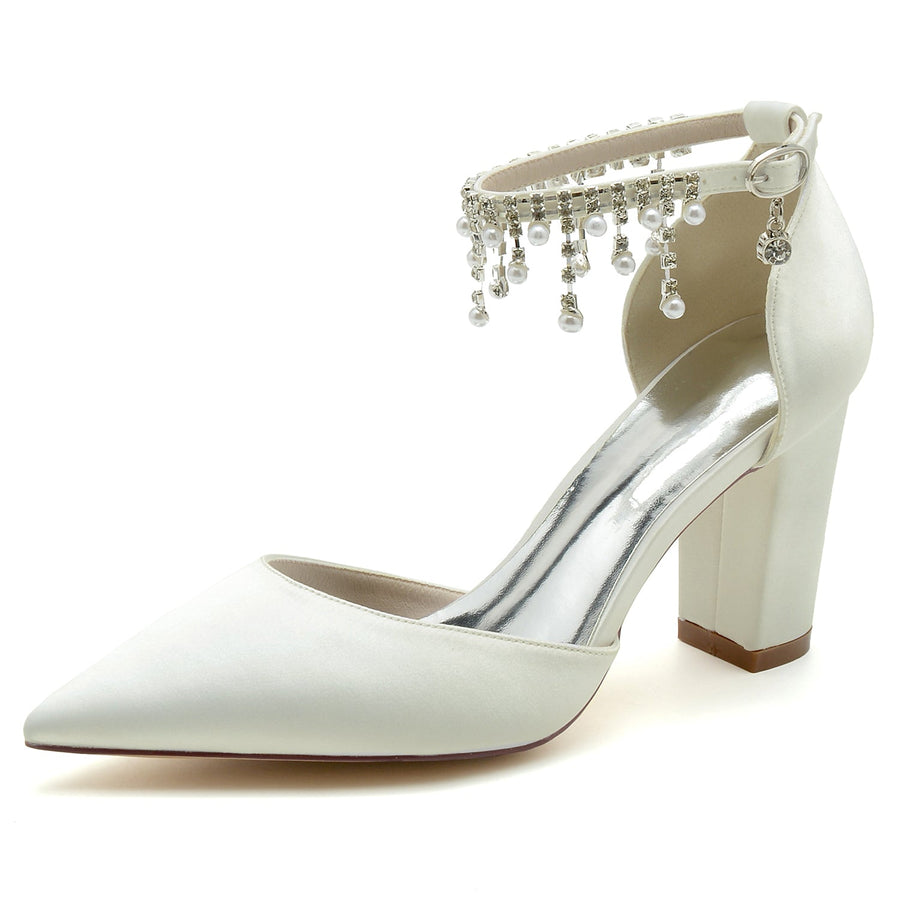 Women's Silk Satin With Ankle Strap Pearl Rhinestone Tassel Closed Toe Chunky Heel Wedding Shoes