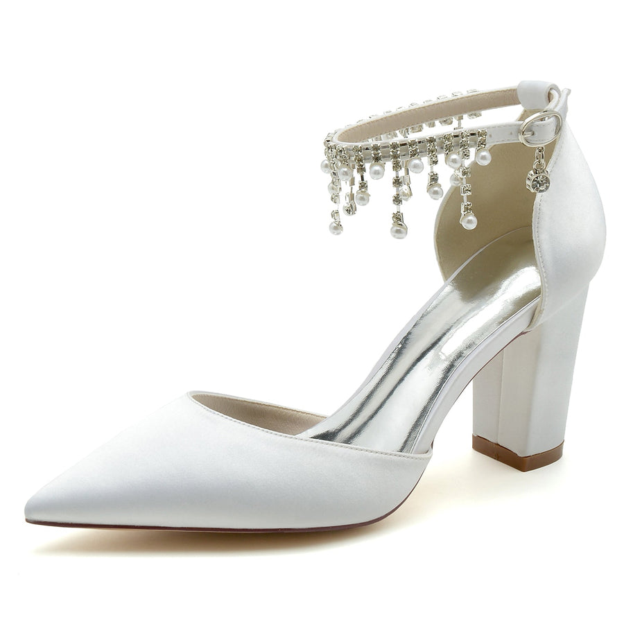 Women's Silk Satin With Ankle Strap Pearl Rhinestone Tassel Closed Toe Chunky Heel Wedding Shoes