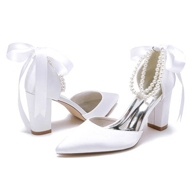 Women's Silk Satin With Ankle Strap Lace-up Pearl Closed Toe Chunky Heel Wedding Shoes