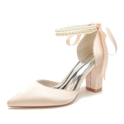 Women's Silk Satin With Ankle Strap Lace-up Pearl Closed Toe Chunky Heel Wedding Shoes