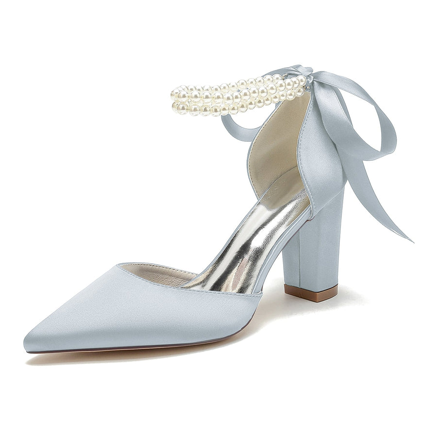 Women's Silk Satin With Ankle Strap Lace-up Pearl Closed Toe Chunky Heel Wedding Shoes