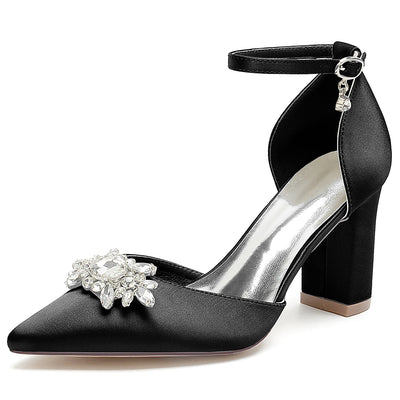 Women's Silk Satin With Ankle Strap Chunky Heel Rhinestone Closed Toe Evening Shoes