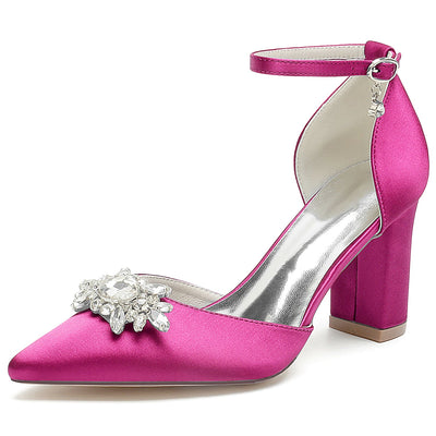 Women's Silk Satin With Ankle Strap Chunky Heel Rhinestone Closed Toe Evening Shoes