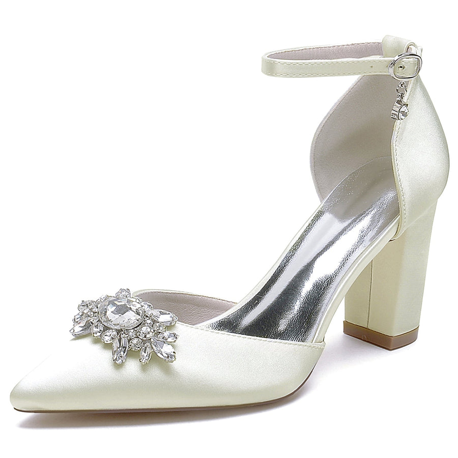 Women's Silk Satin With Ankle Strap Chunky Heel Rhinestone Closed Toe Evening Shoes