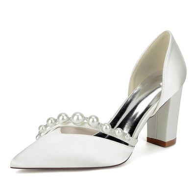 Women's Silk Satin Closed Toe With Pearl Chunky Heel Wedding Shoes