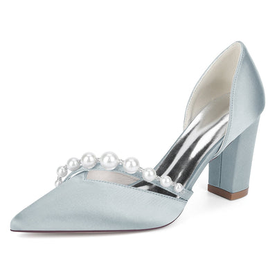 Women's Silk Satin Closed Toe With Pearl Chunky Heel Wedding Shoes