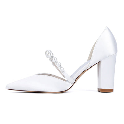 Women's Silk Satin Closed Toe With Pearl Chunky Heel Wedding Shoes