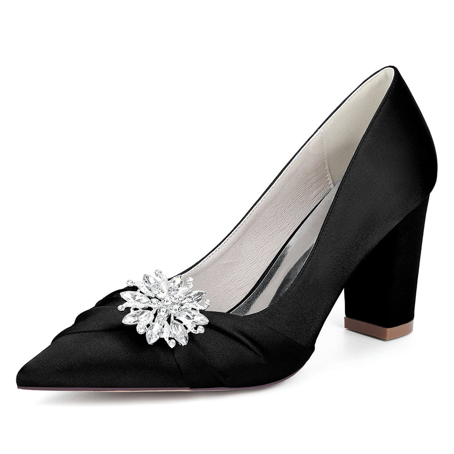 Women's Silk Satin Closed Toe With Rhinestone Chunky Heel Wedding Shoes