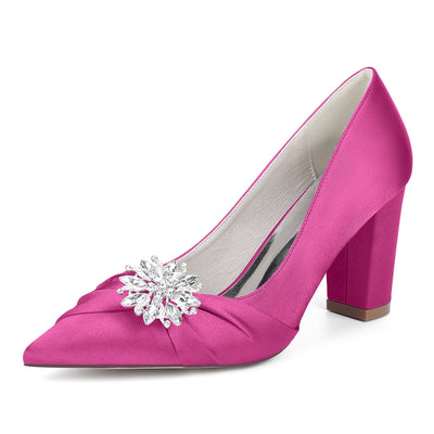 Women's Silk Satin Closed Toe With Rhinestone Chunky Heel Wedding Shoes