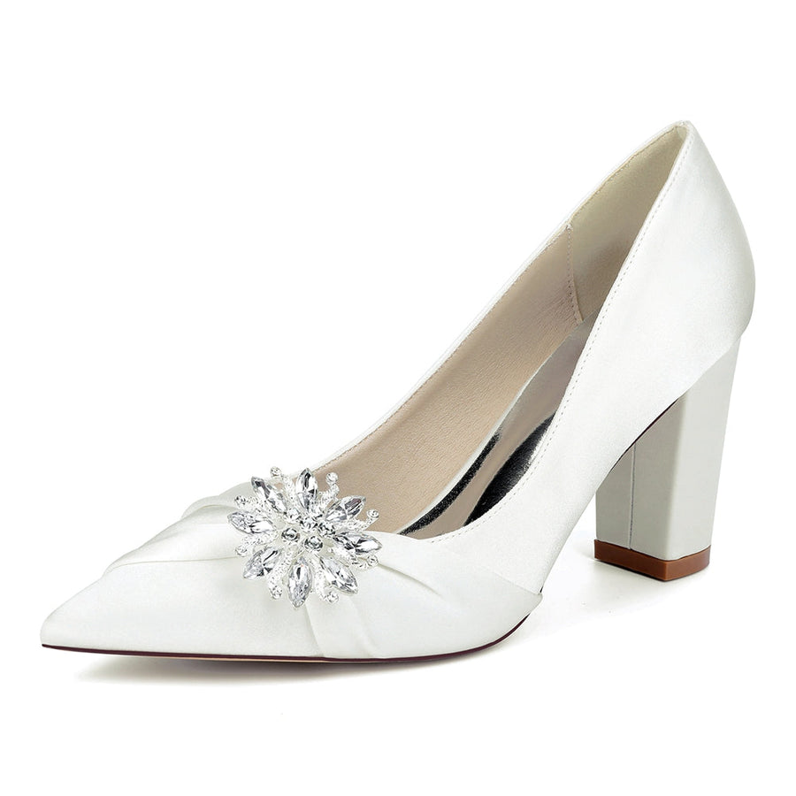 Women's Silk Satin Closed Toe With Rhinestone Chunky Heel Wedding Shoes