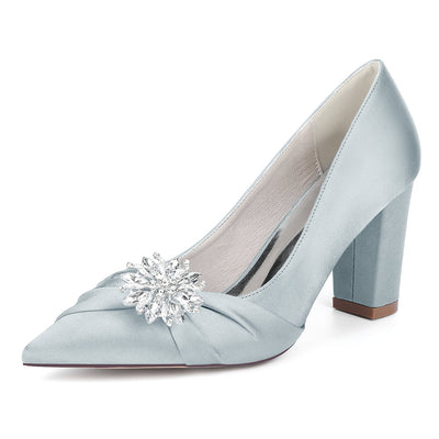 Women's Silk Satin Closed Toe With Rhinestone Chunky Heel Wedding Shoes