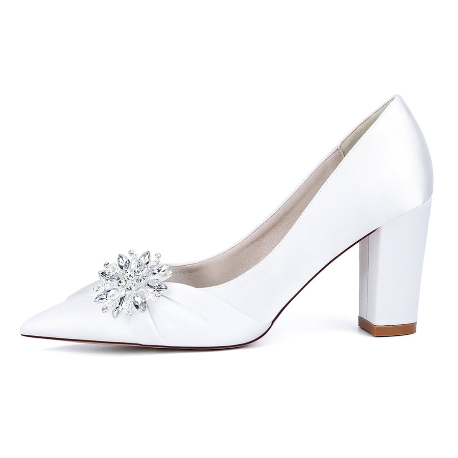 Women's Silk Satin Closed Toe With Rhinestone Chunky Heel Wedding Shoes