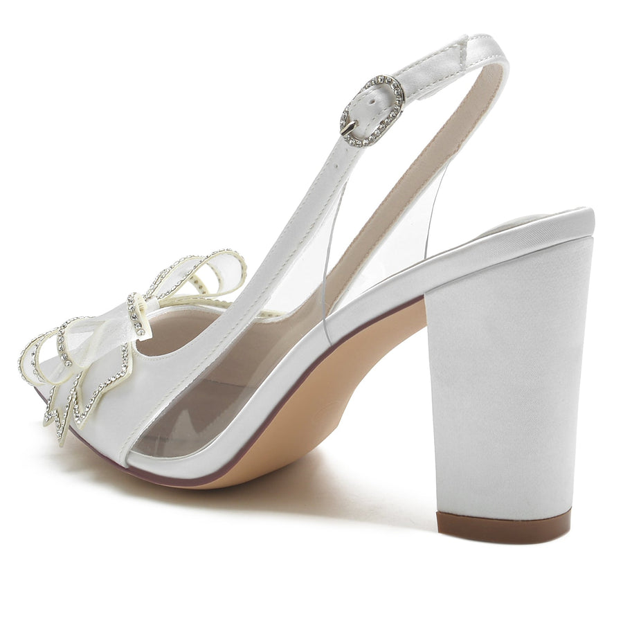 Women's Silk Satin With Bowknot Closed Toe Chunky Heel Wedding Shoes