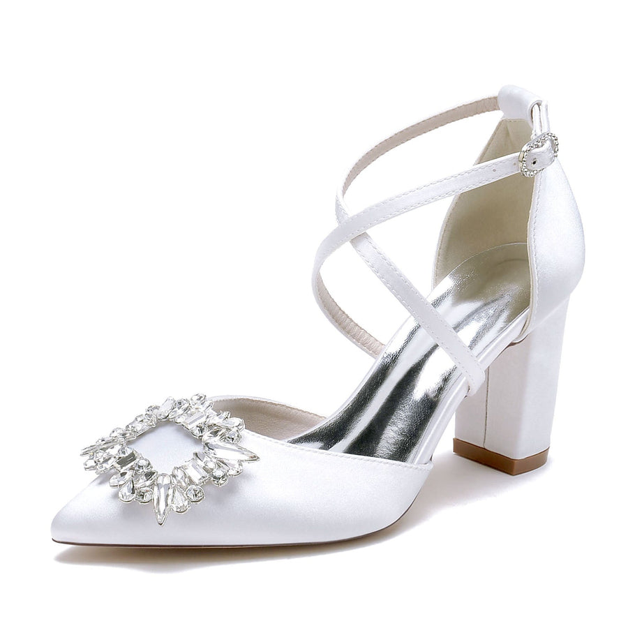 Women's Silk Satin With Ankle Strap Rhinestone Closed Toe Chunky Heel Wedding Shoes