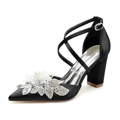 Women's Silk Satin With Ankle Strap Flower Pearl Rhinestone Closed Toe Chunky Heel Wedding Shoes