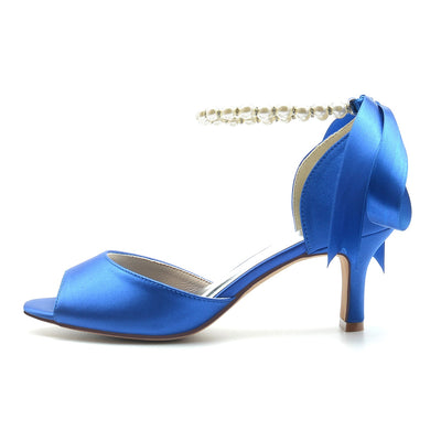 Women's Silk Satin With Lace-up Ankle Strap Pearl Peep Toe Spool Heel Party Shoes