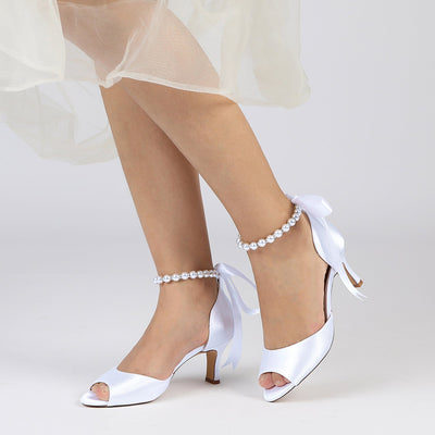 Women's Silk Satin With Lace-up Ankle Strap Pearl Peep Toe Spool Heel Party Shoes