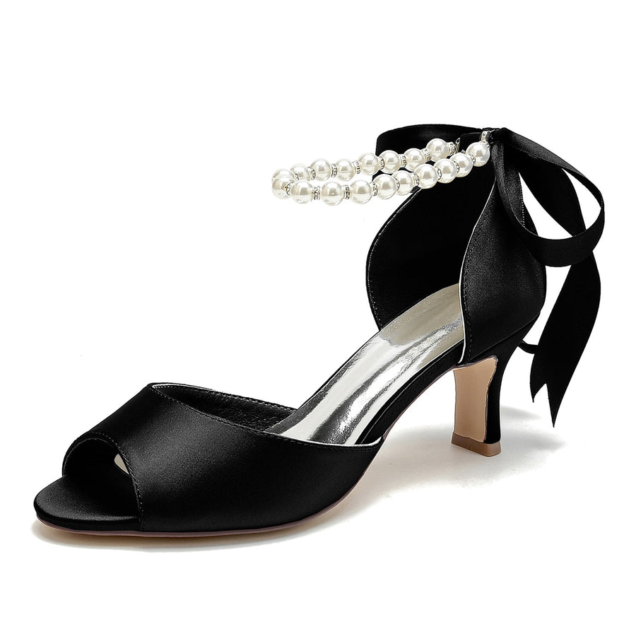 Women's Silk Satin With Lace-up Ankle Strap Pearl Peep Toe Spool Heel Party Shoes